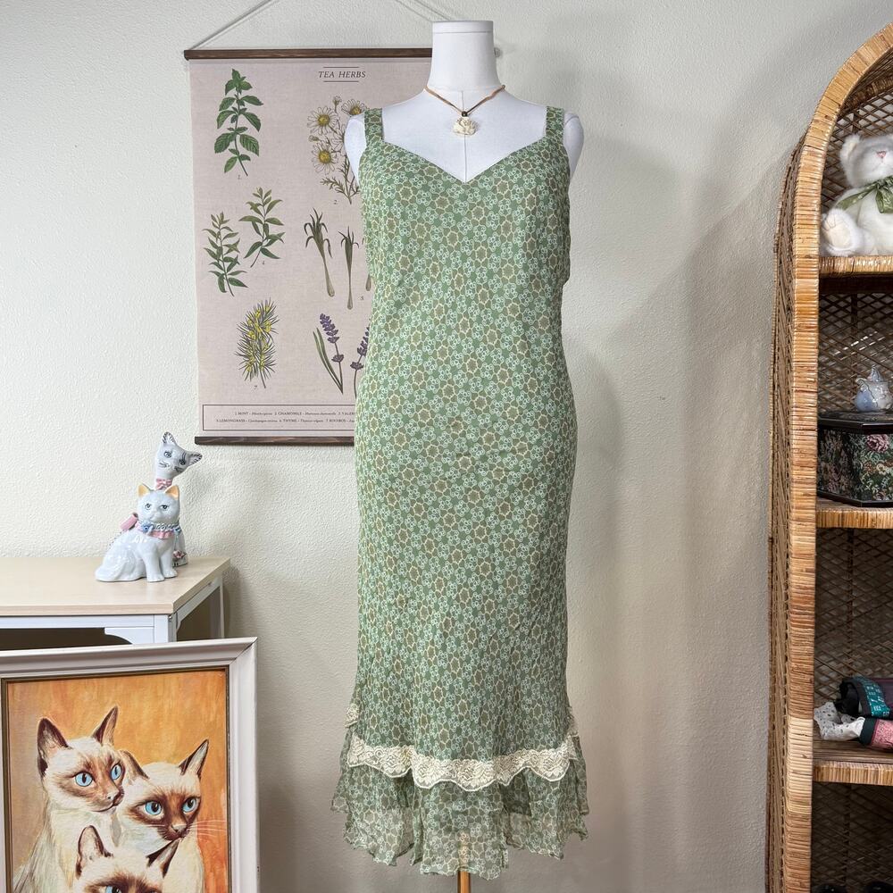 90s Y2k Silk Ruffle Lace Midi Dress Whimsy Fairy Forest Hippie Boho Cottage 18W